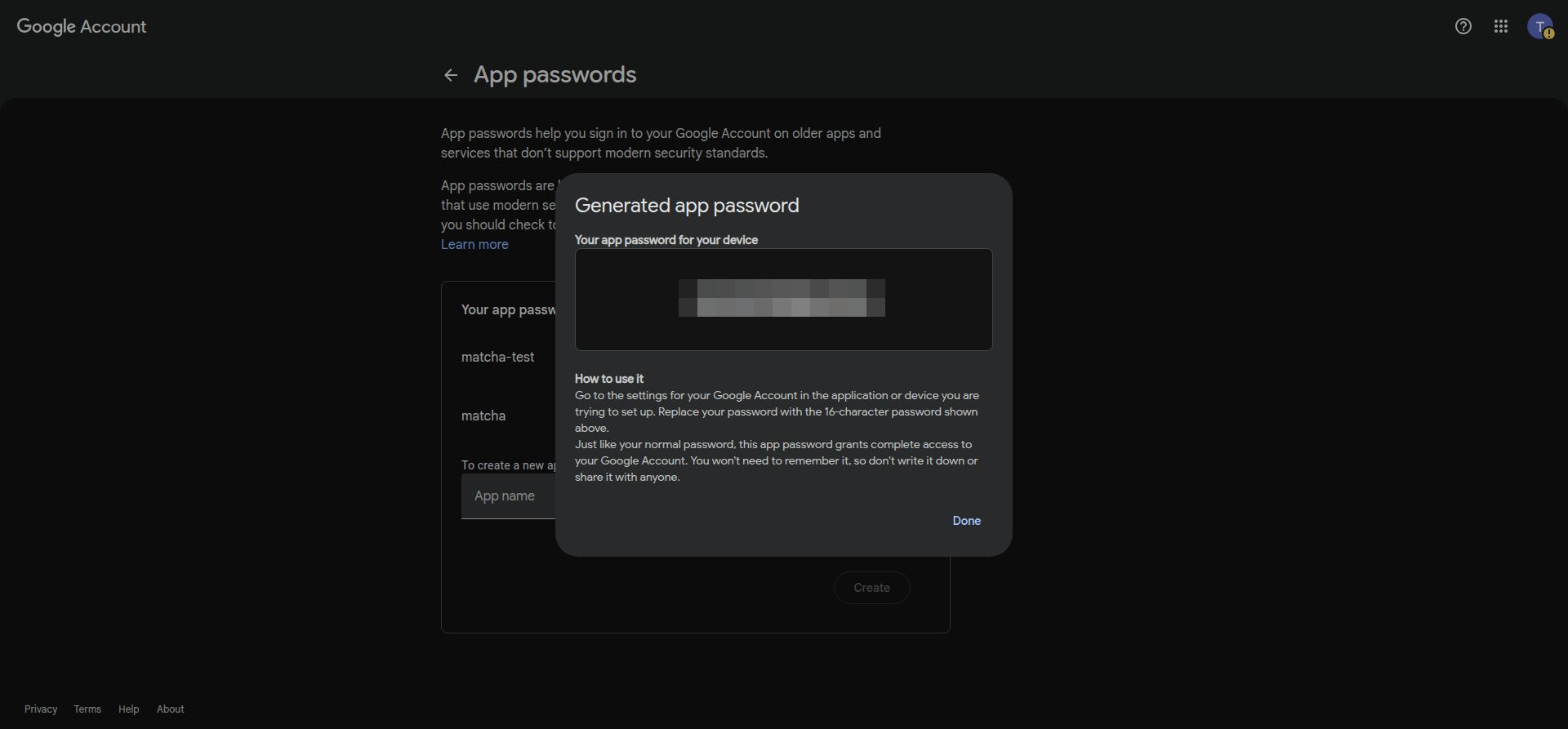 Generate Google App Password